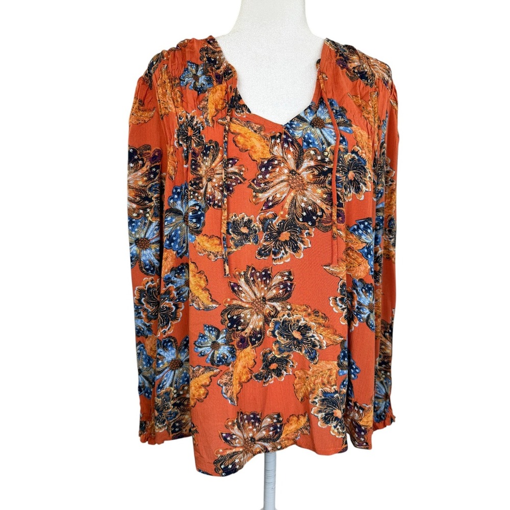 Old Navy Large Orange Floral Crinkle Rayon Poet Blouse Tie Neck Long Sleeve